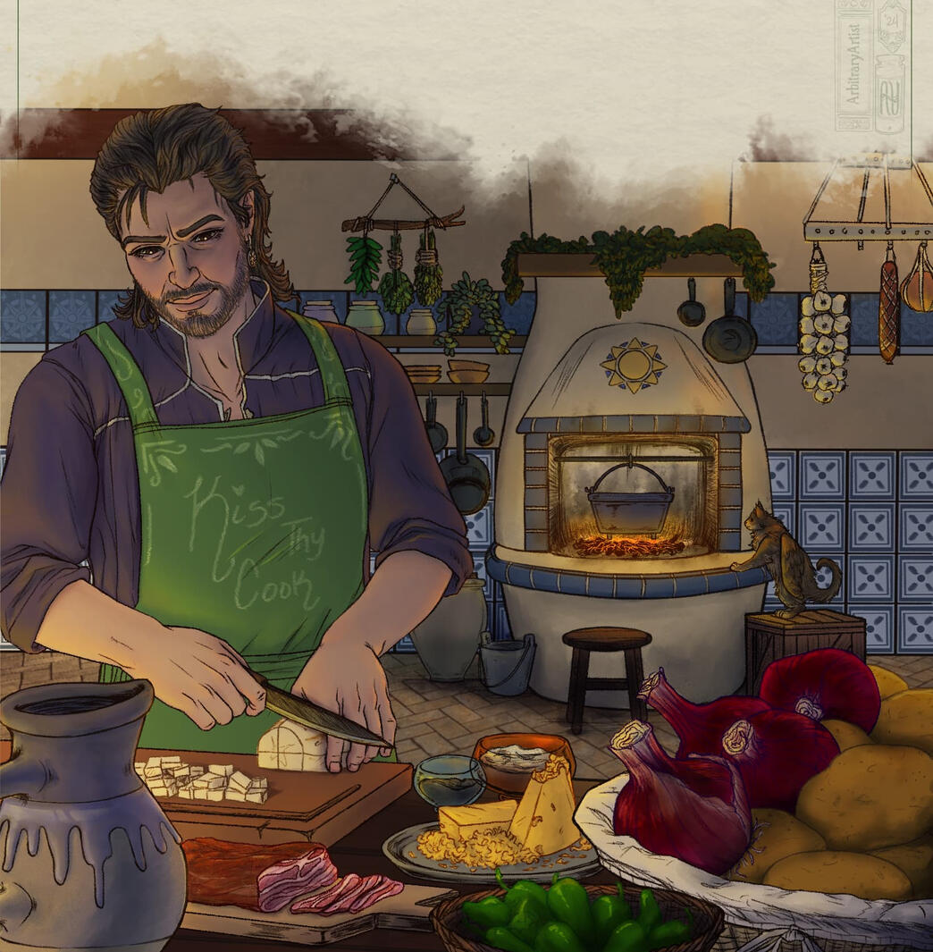 Illustration - Gale of Waterdeep from Baldur's Gate 3 stands before a work table cutting a potato among the ingredients of the Potato soup (the recipe accompanying the illustration); He wears a green apron that says "Kiss thy cook" A cooking hearth that ha
