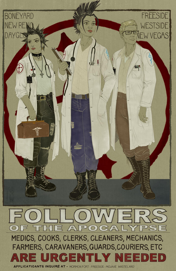 FotA Recruitment Poster Illustration - A reimagined WWI WAD poster with Julie Farkas, Arcade Gannon, and my Follower OC. Julie stands in the center holding a clipboard her mohawk breaking the boundary she's standing in. To her right is Arcade with the OC to her left, they are h