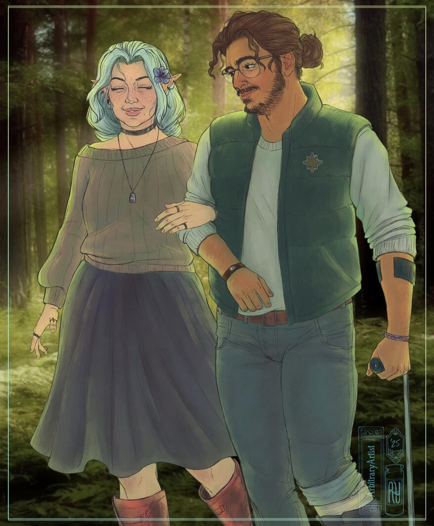 Illustration - A candid style photo/painting of two people (OCs K & Theo) walking through a forest. (Background is a photo by [Larisa Koshkina](https://www.publicdomainpictures.net/en/browse-author.php?a=17947)) K has their arm linked through Theo's arm He