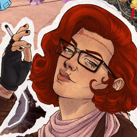 Close crop of a Red headed woman with glasses she holds a hand close with a cigarette between her fingers